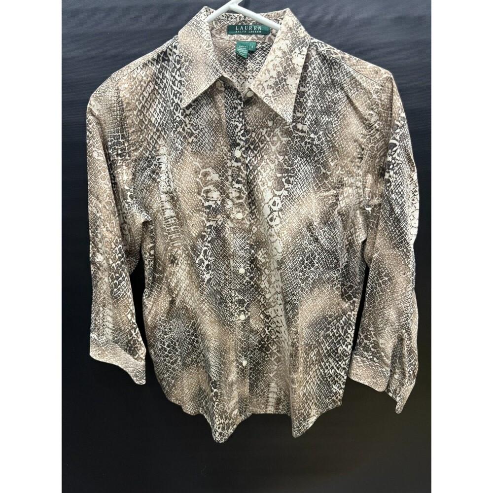 Lauren Ralph Lauren Womens Size SMALL Snakeskin Print Charmeuse Shirt Brown